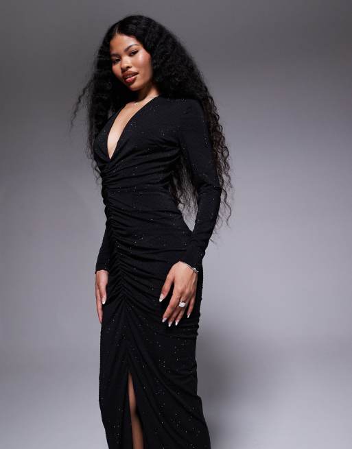 TFNC Petite Vestito lungo nero a maniche lunghe con scollo