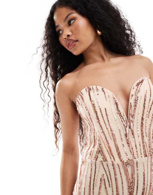 TFNC Petite - Vestito lungo oro senza spalline con paillettes, 3 di 4