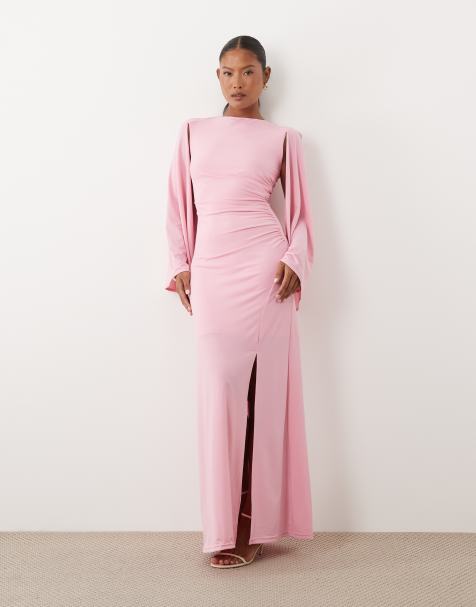 TFNC Petite - Vestito lungo sinuoso rosa con maniche a mantella e arricciature laterali - view 1