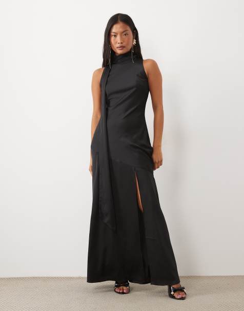 TFNC Petite vestito maxi senza maniche con collo alto, in chiffon, con spacco laterale sulla coscia, nero - view 1