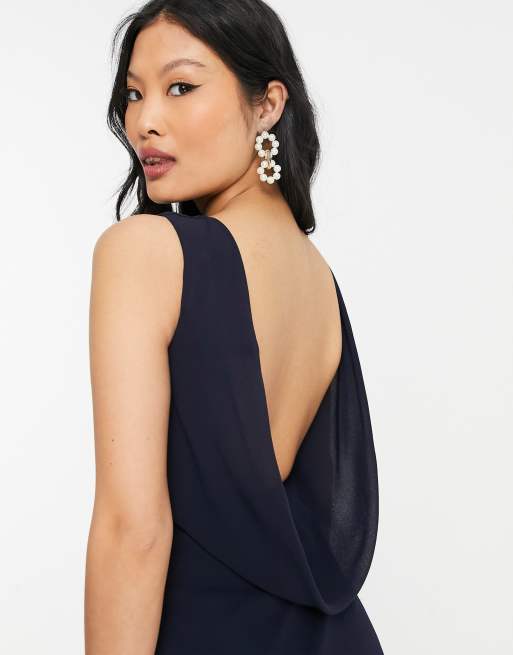 TFNC Petite - Vestito midi da damigella blu navy con scollo ad anello e spacco, 3 di 4