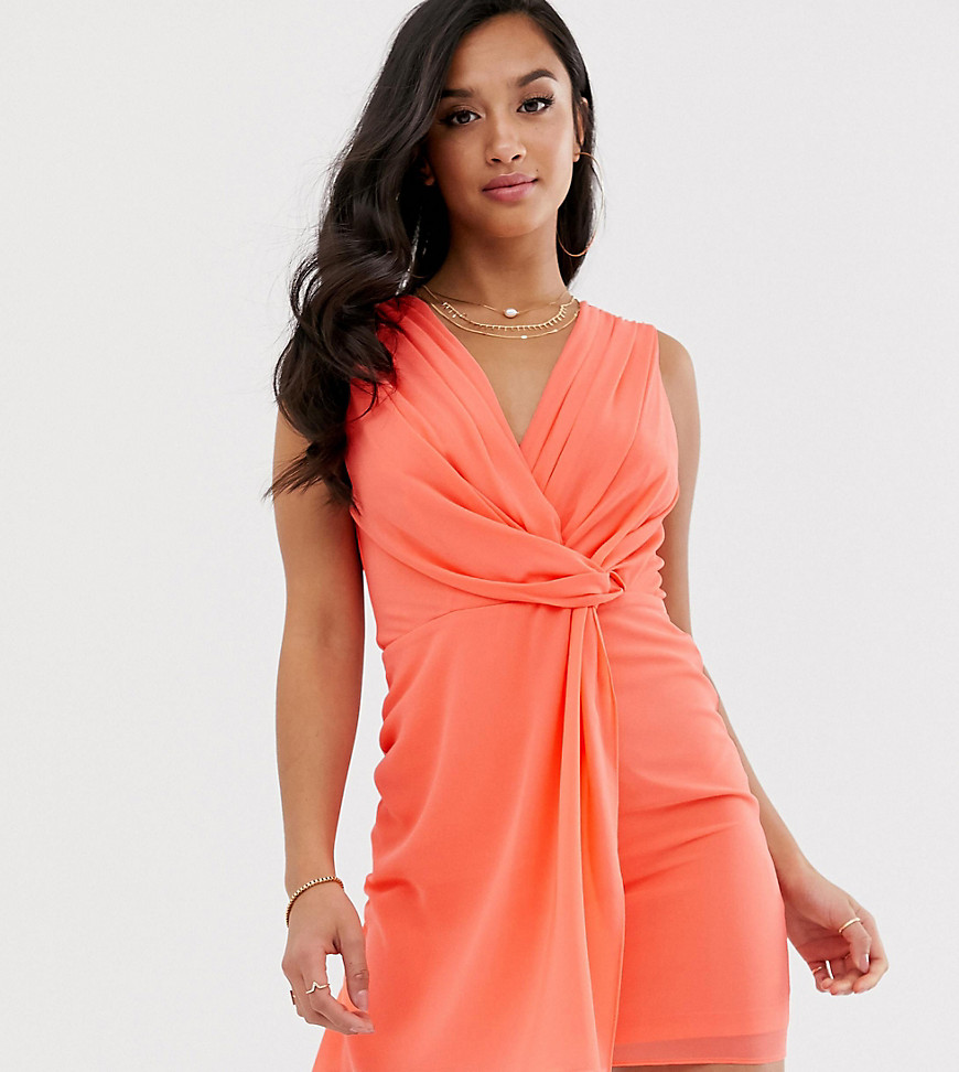 TFNC Petite wrap front mini dress in coral-Orange