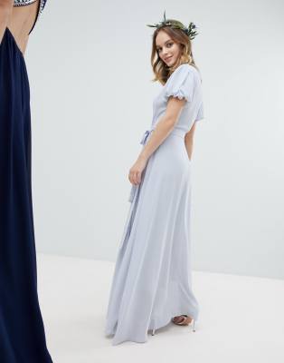 tfnc wrap maxi bridesmaid dress with tie detail and puff sleeves