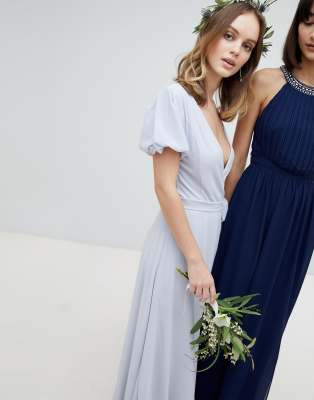 tfnc wrap maxi bridesmaid dress with tie detail and puff sleeves