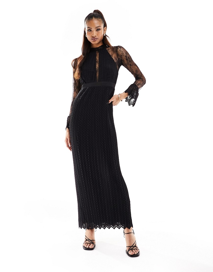 TFNC pleated lace maxi dress with scallop and lace details in black