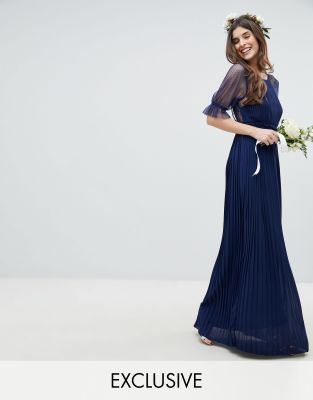 Tfnc pleated maxi bridesmaid dress sale with spot mesh frill detail