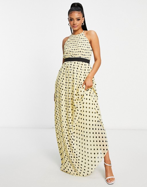 TFNC pleated maxi dress in polkadot in lemon