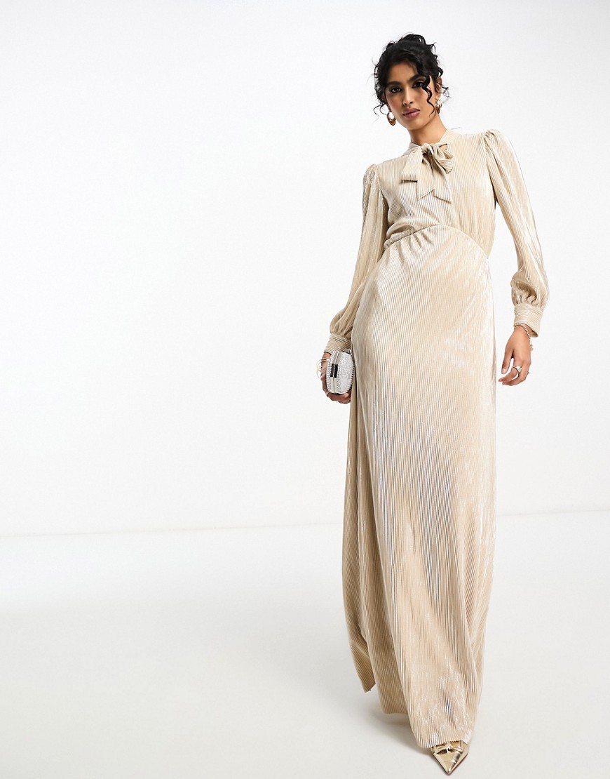 TFNC pleated metallic maxi dress with neck tie in gold