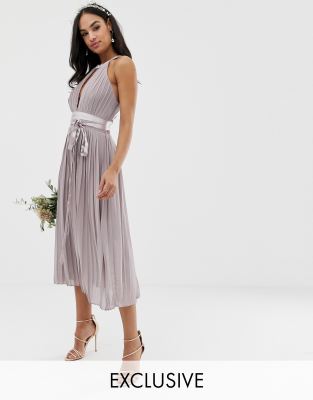 tfnc pleated midi bridesmaid dress with cross back and bow detail