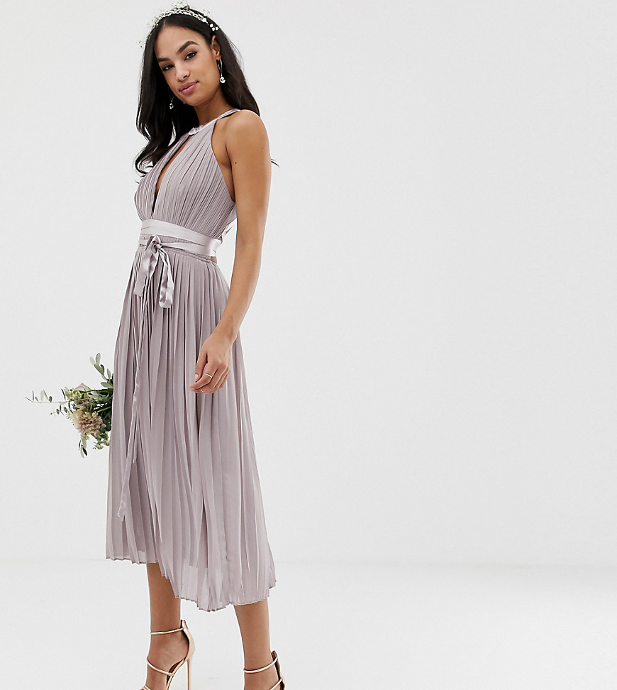 TFNC pleated midi bridesmaid dress with cross back and bow detail in grey