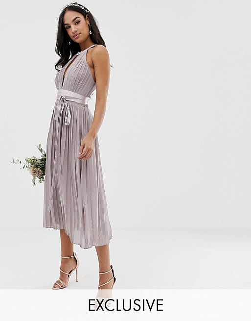 TFNC pleated midi bridesmaid dress with cross back and bow detail in grey