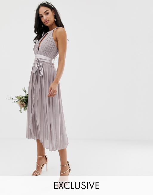 TFNC pleated midi bridesmaid dress with cross back and bow detail in grey ASOS