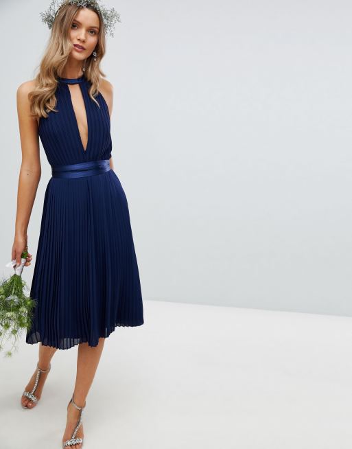 Tfnc pleated midi bridesmaid dress with cross back on sale and bow detail