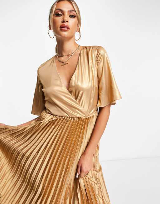 TFNC pleated satin midi dress in gold ASOS