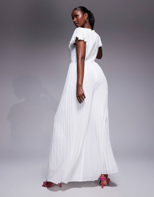 TFNC pleated wide leg jumpsuit with keyhole detail in cream, 4 of 4