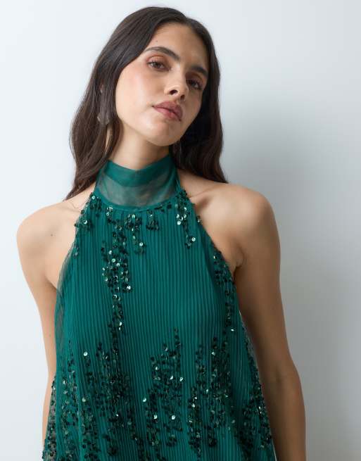 TFNC plissé minijurk met halternek en lovertjes in smaragdgroen, 4 van 5