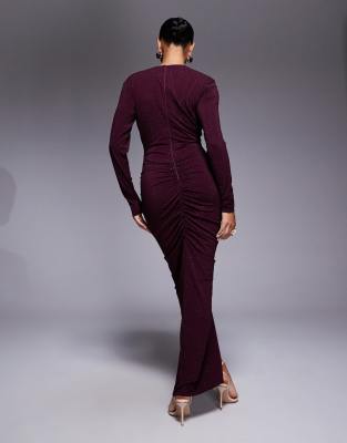 Tfnc Plunge Neck Embellished Maxi Dress With Front Split In Burgundy