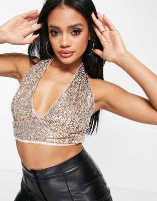 TFNC plunge sequin crop top in gold