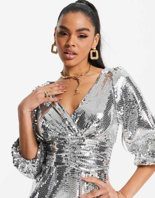 Silver sequin hot sale plunge dress