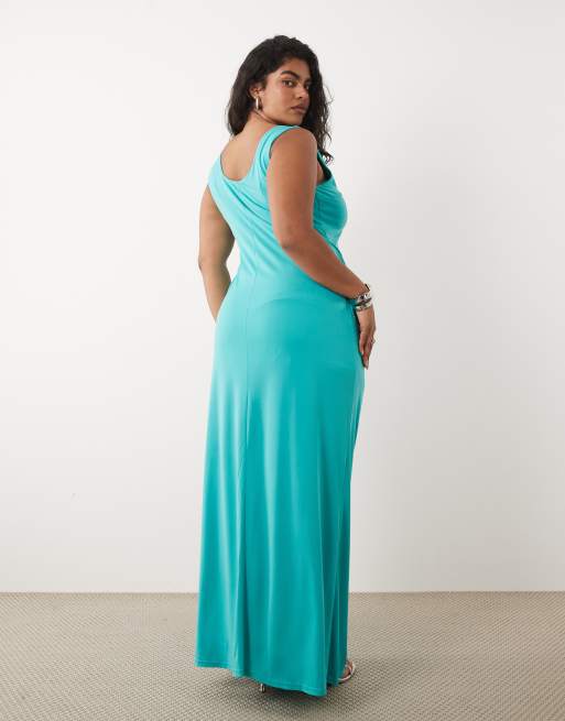 TFNC Plus – Anschmiegsames Maxikleid in Aquablau mit U-Ausschnitt, Knotendetail und Schlitz, 4 von 4