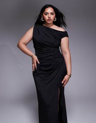 Tfnc Plus Asymmetric Midi Dress With Thigh Slit In Black
