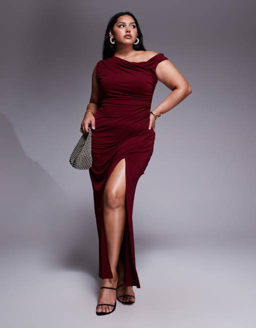 TFNC Plus asymmetrical midi dress with thigh split in cherry