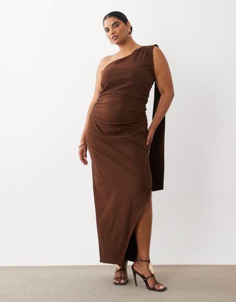 TFNC Plus bengaline one shoulder draped maxi dress in chocolate - view 1