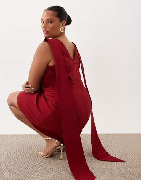 TFNC Plus bengaline v back draped mini dress in deep red - view 1