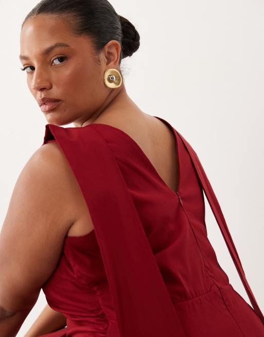 TFNC Plus bengaline v back draped mini dress in deep red, 3 of 4
