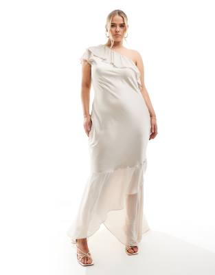 TFNC Plus - Brautjungfernmode - Maxikleid aus Satin in Champagnerweiß mit One-Shoulder-Träger und Rüschen-Goldfarben