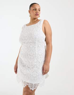 Tfnc Plus Bridal Boat Neck Bow Back Lace Mini Dress In White