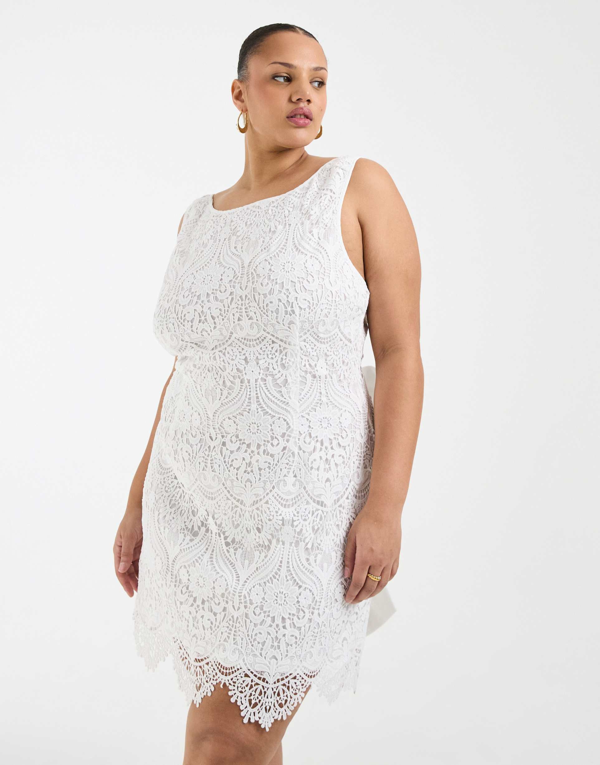 tfnc plus bridal boat neck bow back lace mini dress in ivory