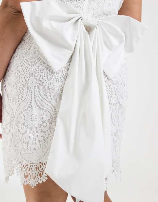 TFNC Plus Bridal boat neck bow back lace mini dress in ivory, 4 of 4