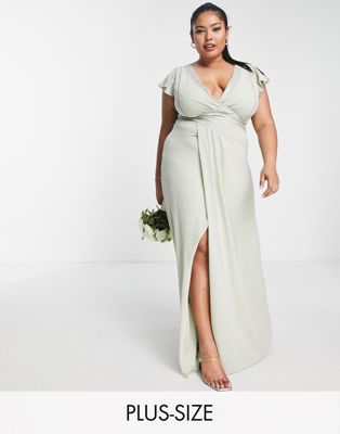 Tfnc Plus Bridesmaid Flutter Sleeve V Neck Dress In Sage Green