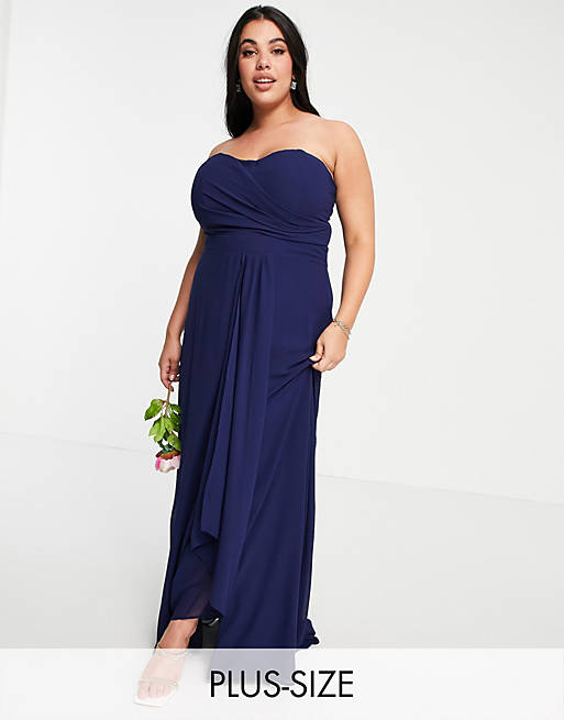 TFNC Plus Bridesmaid bandeu maxi dress with overlay in navy