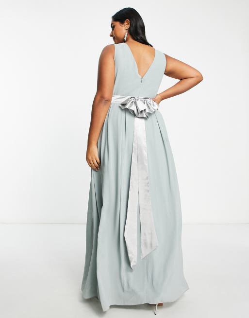 TFNC Plus Bridesmaid bow back maxi dress in sage green, 2 of 4