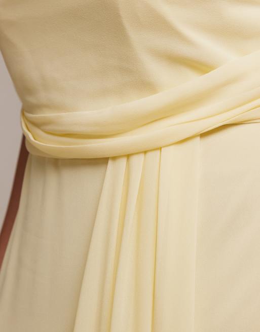 TFNC Plus Bridesmaid chiffon fallen shoulder scarf drape detail maxi dress in lemon, 3 of 5