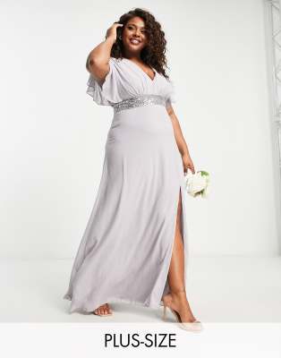 TFNC Plus Bridesmaid chiffon maxi dress with flutter sleeve and embellished  waist in gray | ASOS