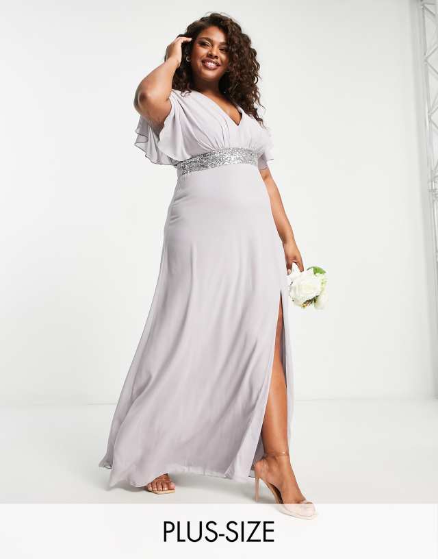 TFNC Plus Bridesmaid chiffon maxi dress with flutter sleeve and embellished waist in gray