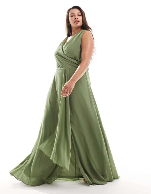 TFNC Plus Bridesmaid chiffon maxi dress with split front in dark green ASOS