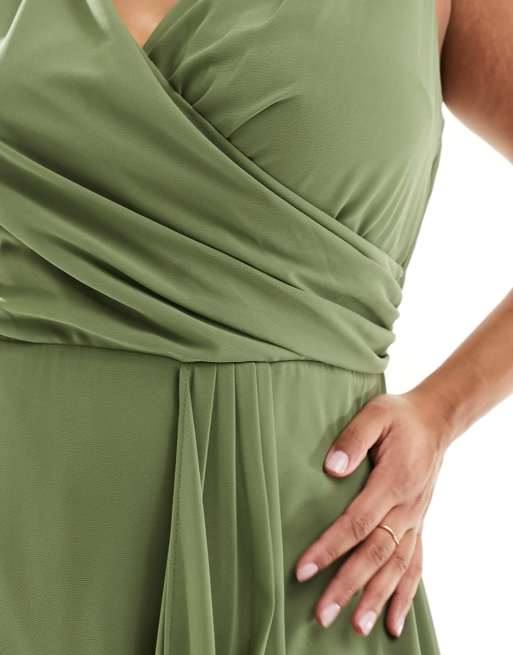TFNC Plus Bridesmaid chiffon maxi dress with split front in dark green, 3 of 4