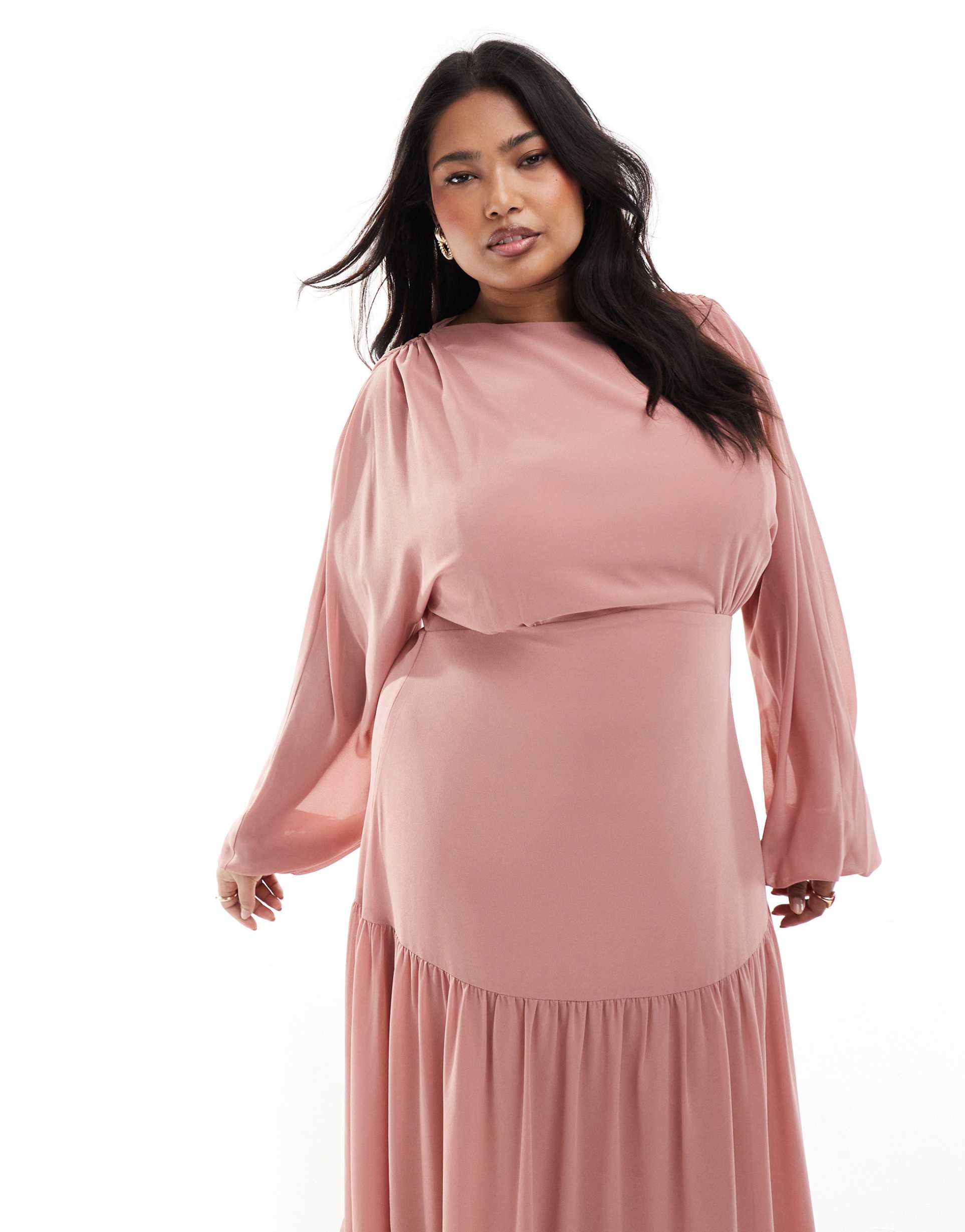 tfnc plus bridesmaid chiffon maxi dress with tiered skirt in dusky pink