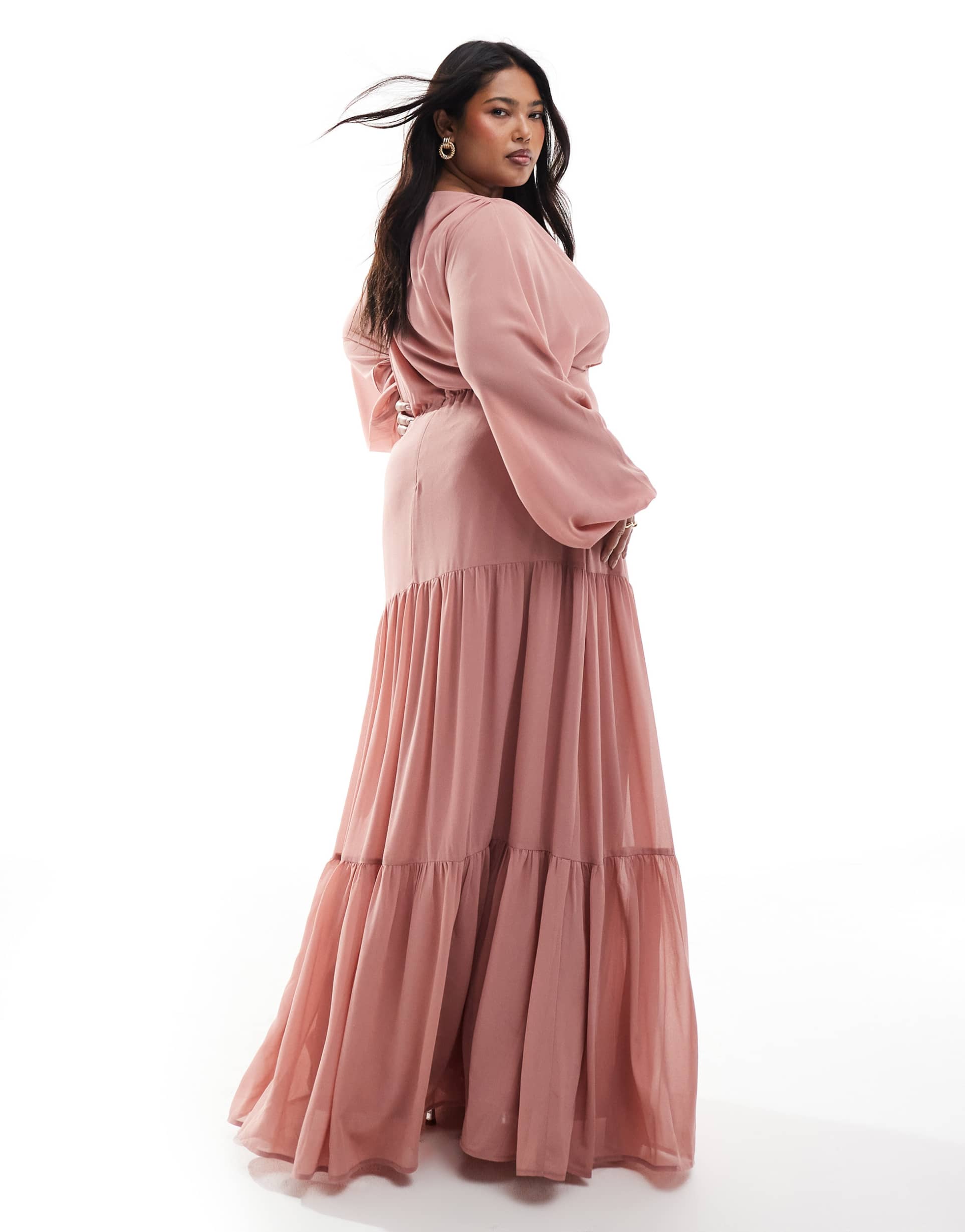 tfnc plus bridesmaid chiffon maxi dress with tiered skirt in dusky pink