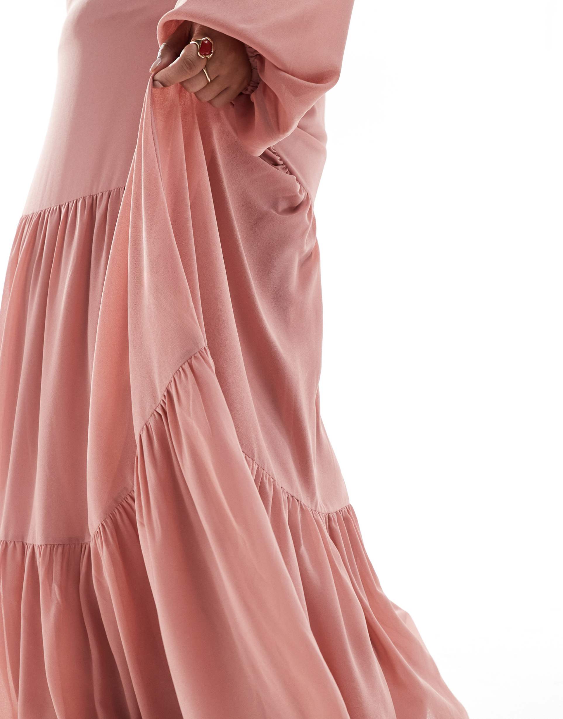 tfnc plus bridesmaid chiffon maxi dress with tiered skirt in dusky pink