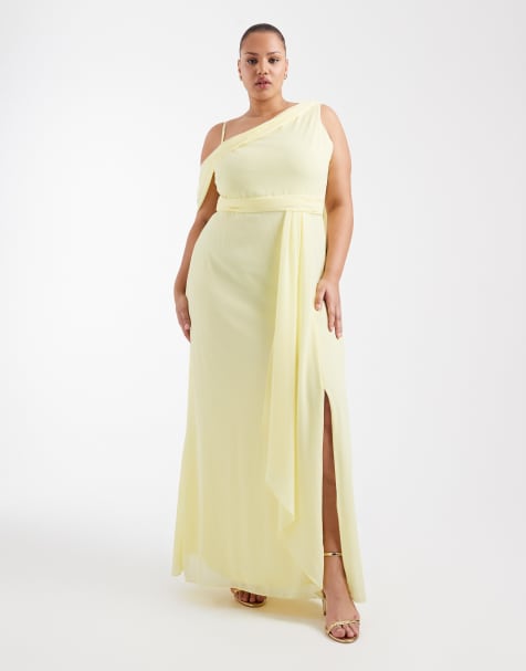 TFNC Plus – Bridesmaid – Chiffon-Maxikleid in Zitronengelb mit abfallender Schulterpartie und drapiertem Schaldetail - view 1