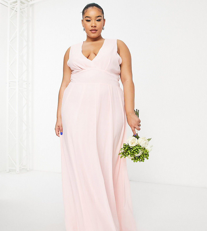 TFNC Plus Bridesmaid chiffon v front maxi dress with pleated skirt in whisper pink