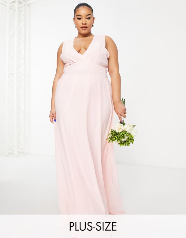 TFNC Plus Bridesmaid chiffon v front maxi dress with pleated skirt in whisper pink