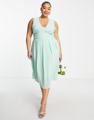 TFNC Plus Bridesmaid chiffon v front midi dress with pleated skirt in fresh sage