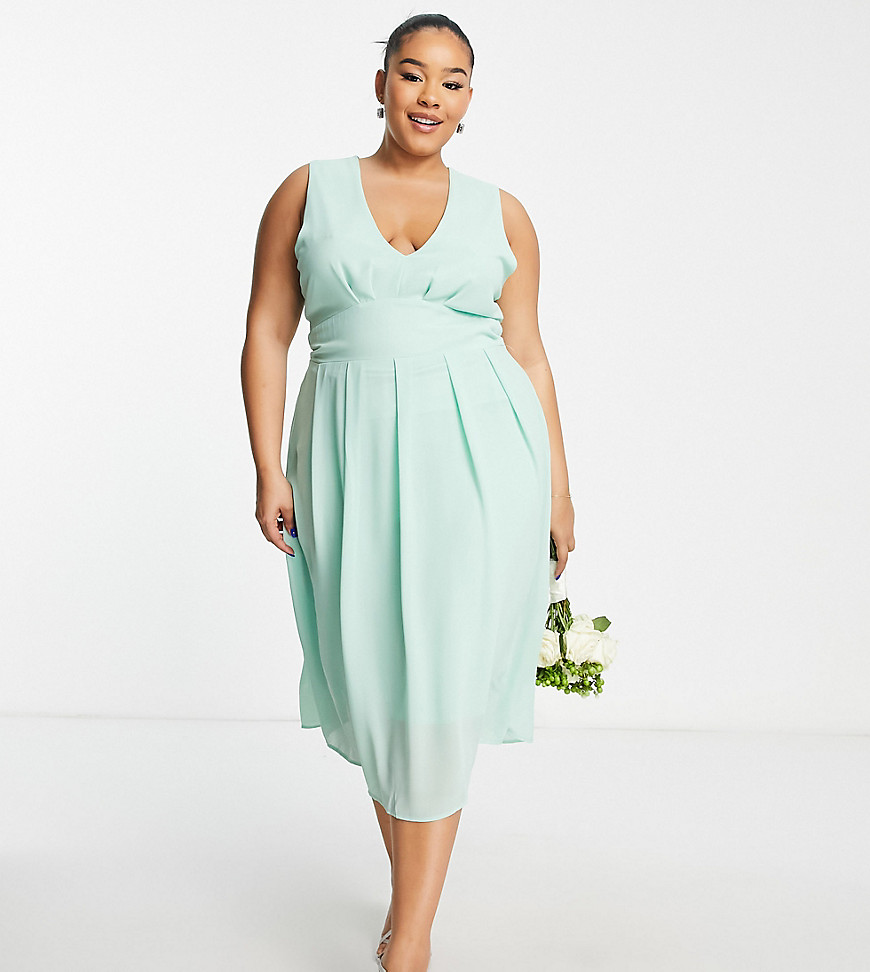 TFNC Plus Bridesmaid chiffon v front midi dress with pleated skirt in fresh sage-Green