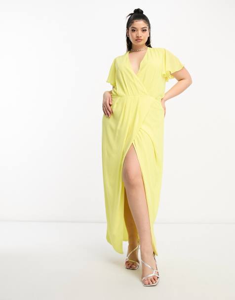 TFNC Plus Bridesmaid chiffon wrap front maxi dress with flutter sleeve in lemon yellow - view 1
